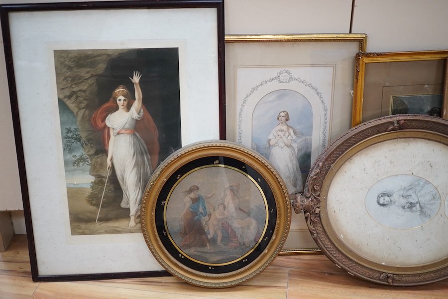 Collection of 19th century prints and mezzotints including George P James, Georgiana, Duchess of Devonshire, signed in pencil, Baxter print of a lady before a landscape and Ellen Jewett, Lady Hamilton as Circe, signed in